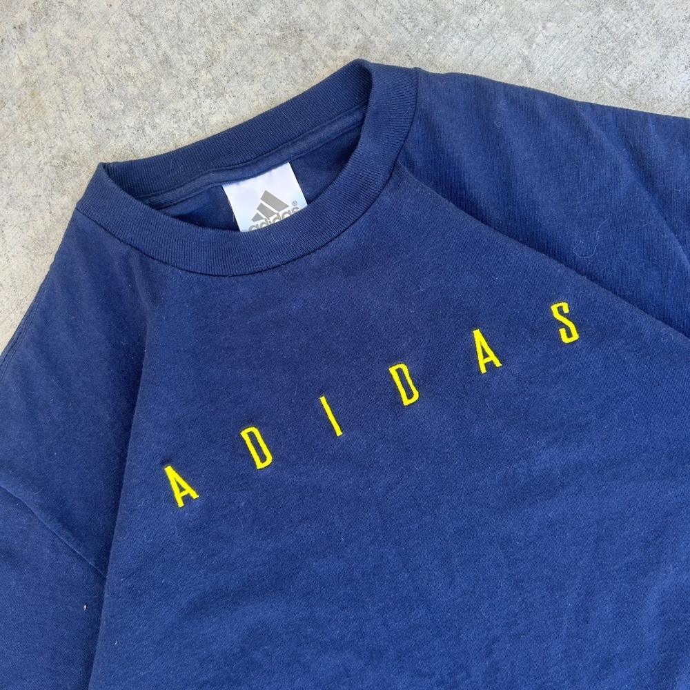 Adidas Vintage 90s T-Shirt Navy Blue Yellow Spellout Embroidered XL Mens